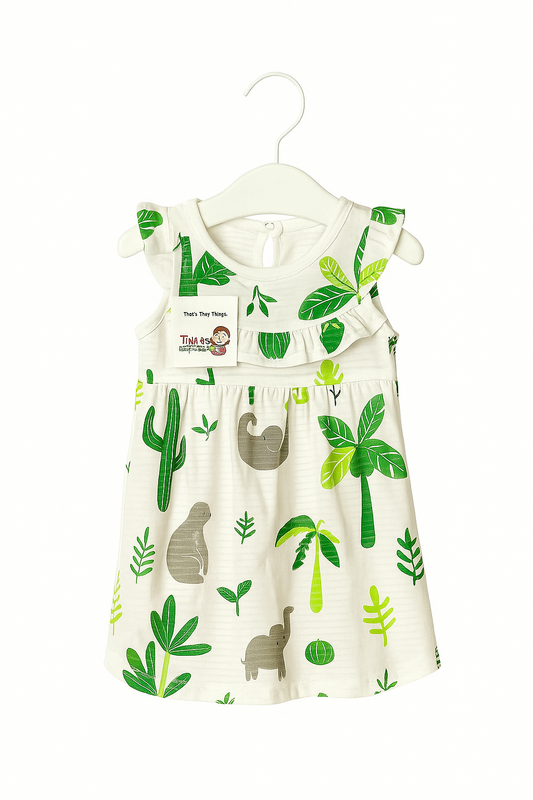 Tropical Daydream – Green & White Jungle Print Dress (Sizes 6M-4T)